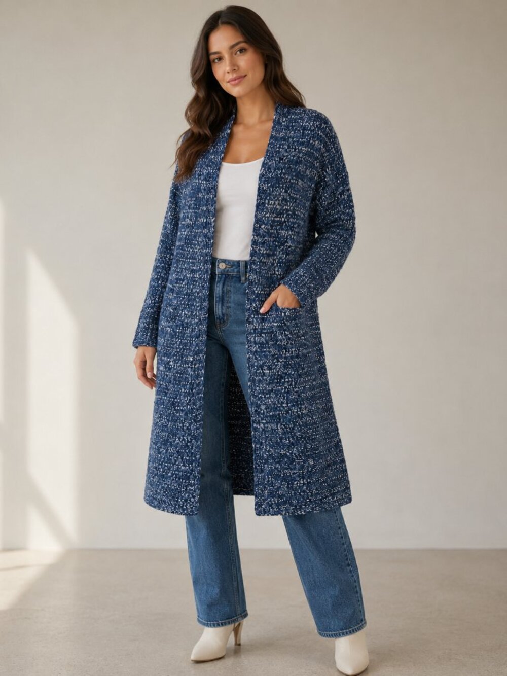 GAP Women's Blue Marled Open Front Long Cardigan Sweater, M